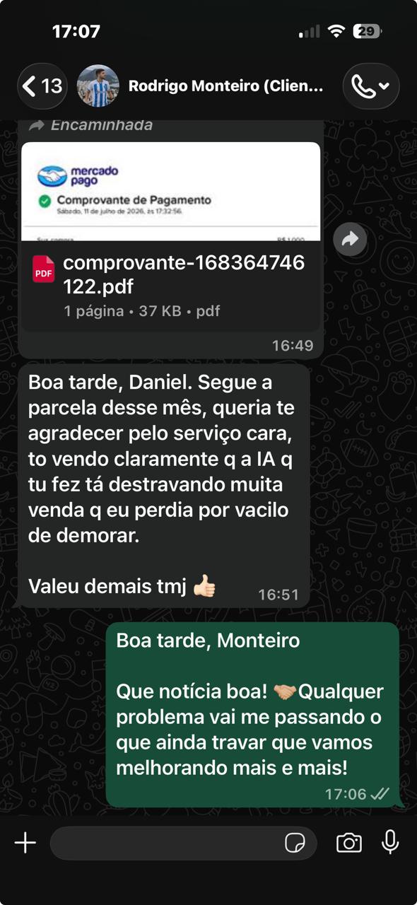 Conversa de WhatsApp com o cliente Rodrigo Monteiro dizendo que a IA implementada está destravando vendas que ele perdia por demorar a responder